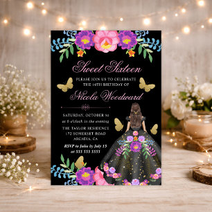 Brunette Woman in Mexican Floral Dress Sweet 16 Invitation