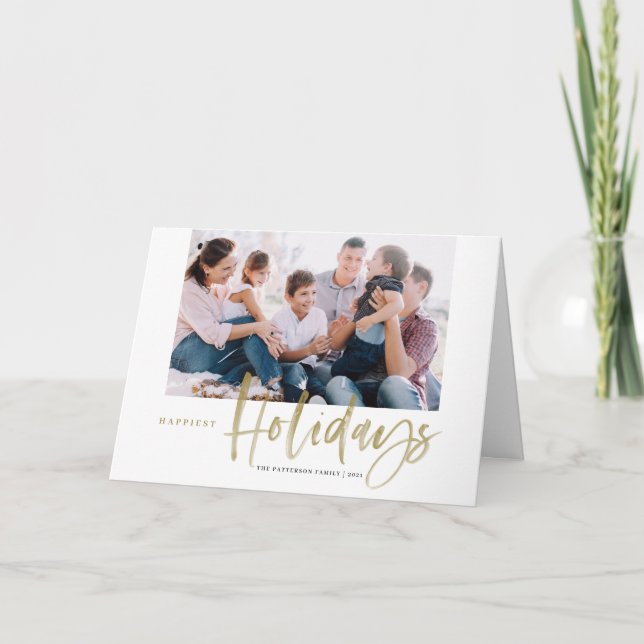Brush Calligraphy Gold Happiest Holidays Photo Holiday Card (Front)
