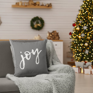 Brush Calligraphy Joy Snowflake Grey Christmas Throw Pillow