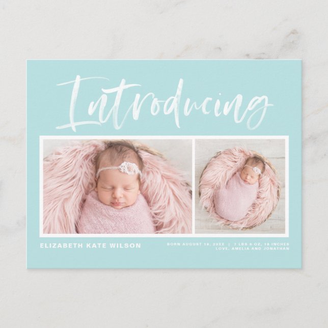 Brush Calligraphy Light Blue Photo Collage Birth Announcement Postcard (Front)