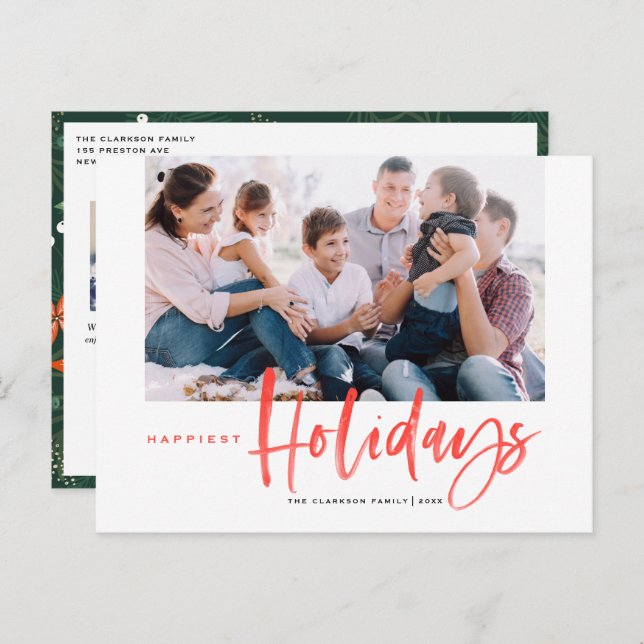 Brush Calligraphy Red Happiest Holidays Photo Holiday Postcard (Front/Back)