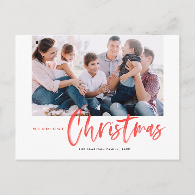 Brush Calligraphy Red Merriest Christmas Photo Holiday Postcard (Front)