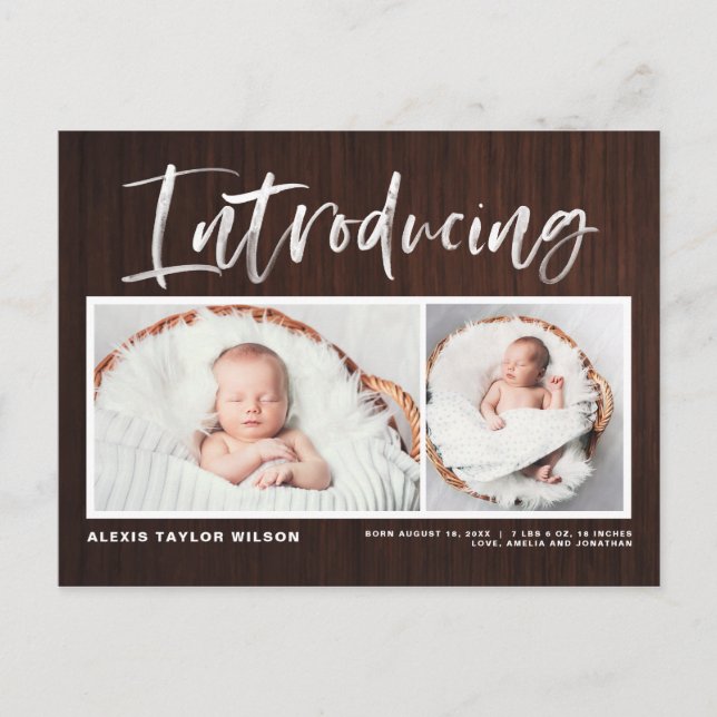 Brush Calligraphy Rustic Wood Photo Collage Birth Announcement Postcard (Front)