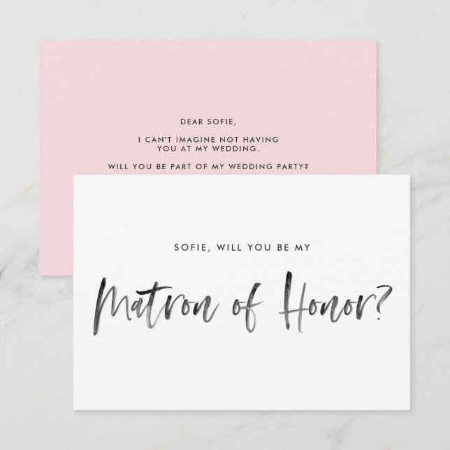 Brush Lettering Pink Be My Matron of Honour Invitation (Front/Back)