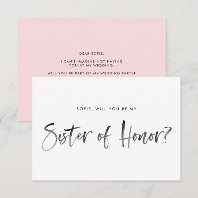 Brush Lettering Pink Be My Sister of Honour Invitation (Front/Back)