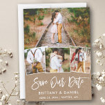 Brush Script 4 Photo Save Our Date Kraft Card<br><div class="desc">Modern Brush Script Save Our Date 4 Photo Couple Engagement Announcement Kraft Card</div>