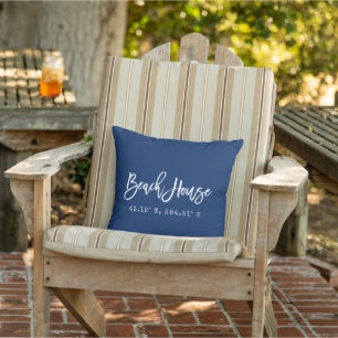 Brush Script Blue Beach House Your Coordinates Outdoor Pillow