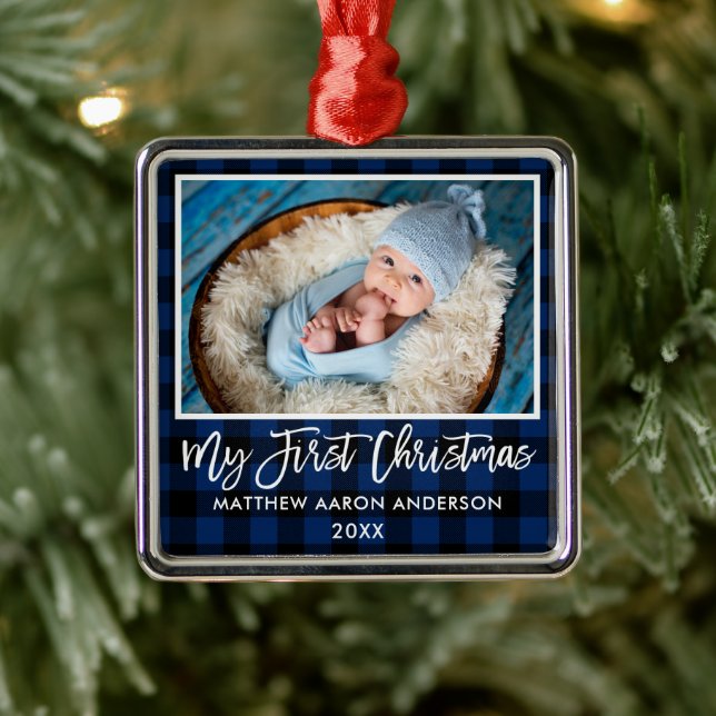 Brush Script Blue Plaid Baby First Christmas Metal Ornament (Tree)
