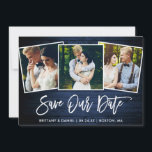 Brush Script Blue Wood 3 Photo Save Our Date Card<br><div class="desc">Modern Brush Script Rustic Blue Wood Couple 3 Photo Save Our Date Engagement Announcement Card</div>