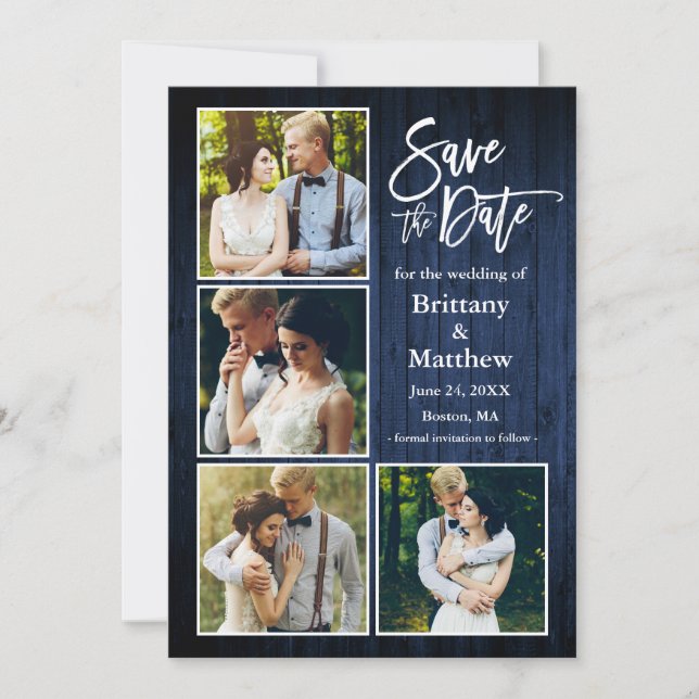 Brush Script Blue Wood Couple 4 Photo Save The Date (Front)