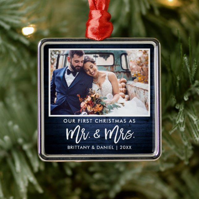 Brush Script Blue Wood First Christmas Mr. Mrs. Metal Ornament (Tree)