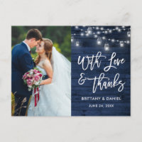 Brush Script Blue Wood Lights Love Thanks Wedding