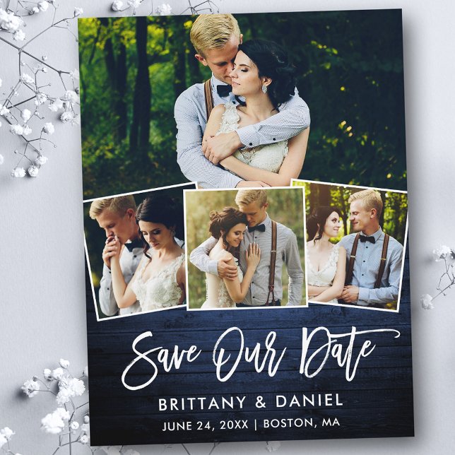 Brush Script Blue Wood Save Our Date 4 Photo Postcard (Customize to change your personalized text size or text style.)