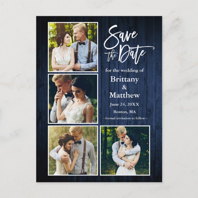 Brush Script Blue Wood Save The Date 4 Photo Postcard (Front)