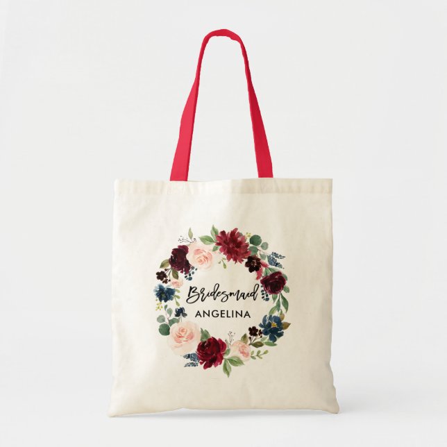 Brush Script Burgundy Blue Floral Bridesmaid Tote Bag (Front)