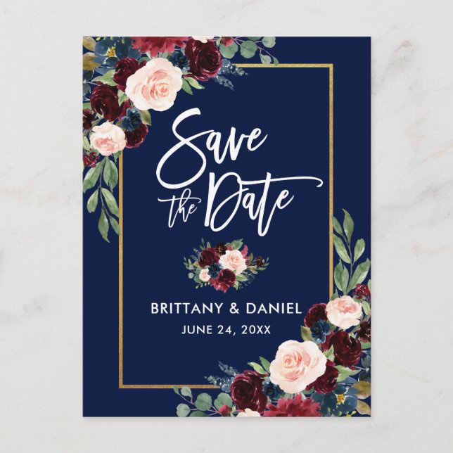 Brush Script Burgundy Blue Floral Save the Date Announcement Postcard (Front)