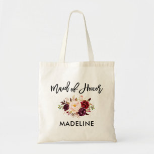 Brush Script Burgundy Floral Maid of Honour Tote Bag