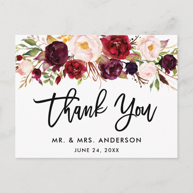 Brush Script Burgundy Floral Wedding Thank You Postcard (Front)