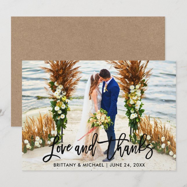 Brush Script | Carte Kraft Mariage Love and Thanks (Devant / Derrière)