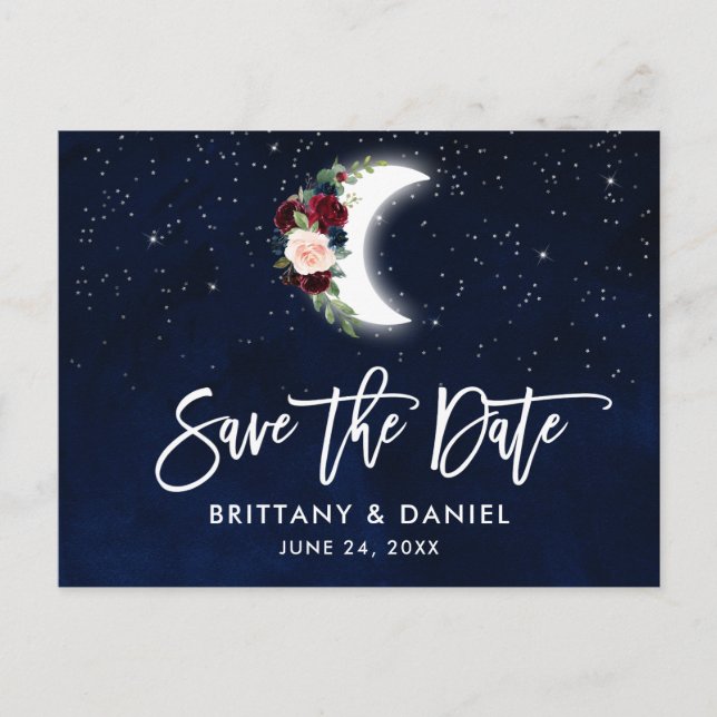 Brush Script Celestial Floral Moon Save the Date Announcement Postcard (Front)
