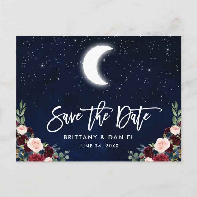 Brush Script Celestial Moon Floral Save the Date Announcement Postcard (Front)