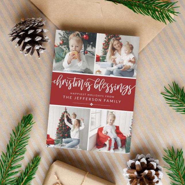Brush Script Christmas Blessings Photo Collage Holiday Card (Creator Uploaded)