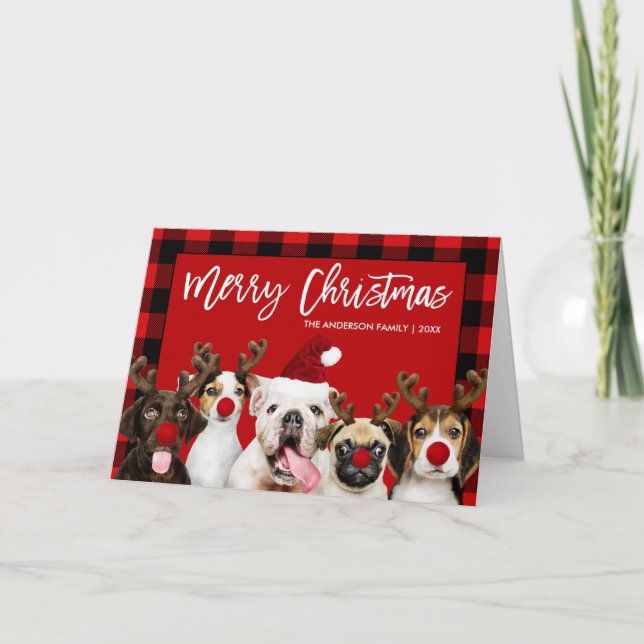 Brush Script Christmas Dogs Red Plaid Folded Holiday Card (Front)