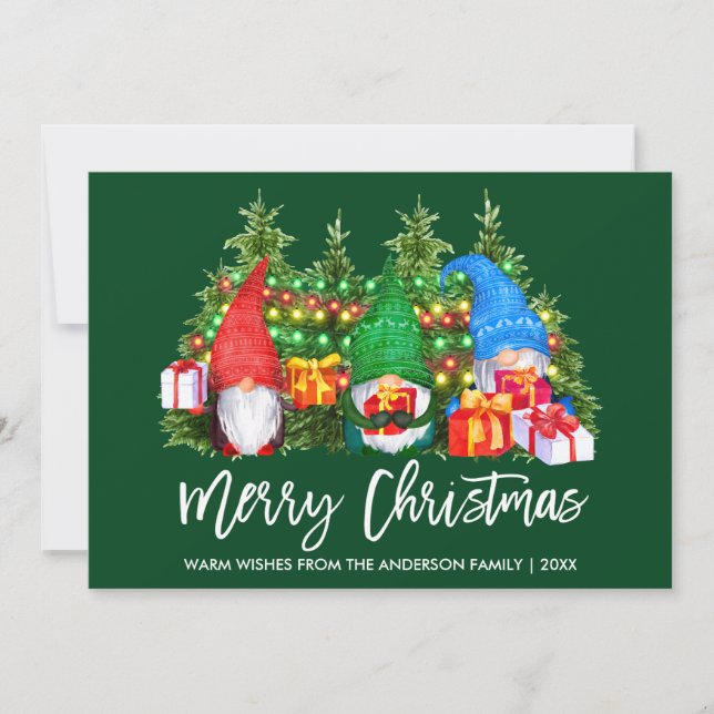 Brush Script Christmas Lights Gnomes Holiday Card (Front)