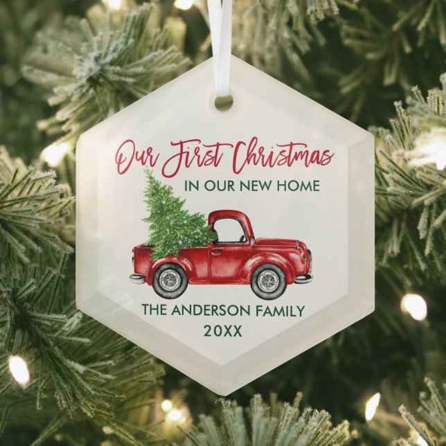 Brush Script Christmas New Home Red Truck Glass Ornament (Insitu)