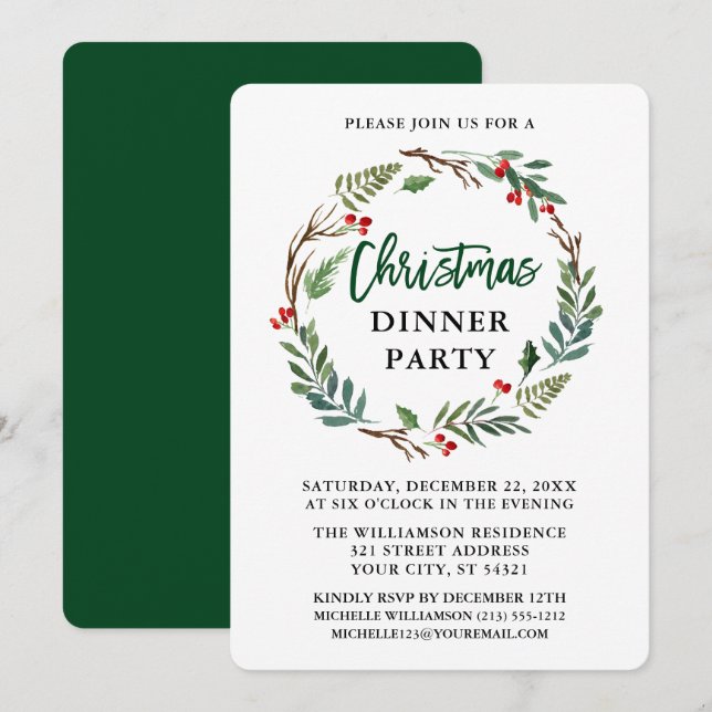 Brush Script Christmas Party Watercolor Wreath Invitation (Front/Back)