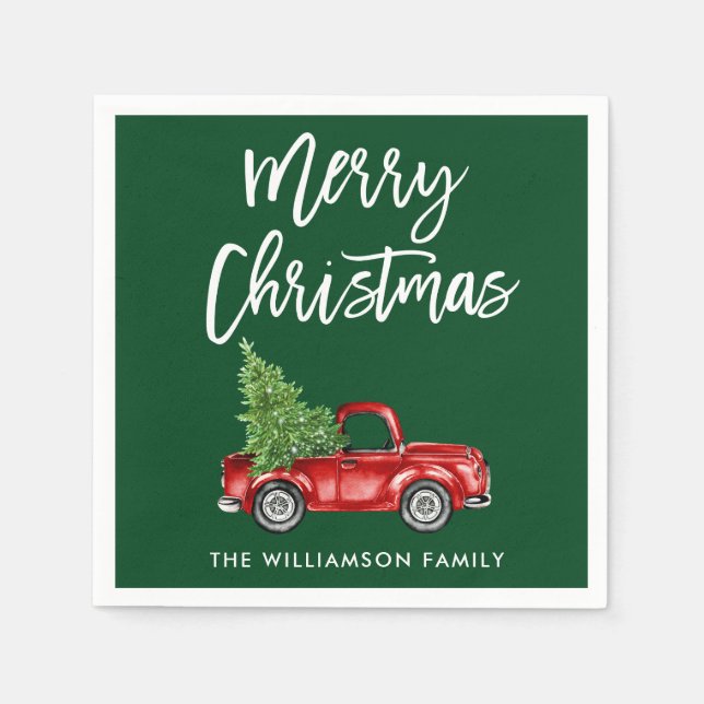 Brush Script Christmas Vintage Truck Green Napkin (Front)