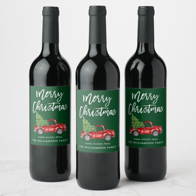 Brush Script Christmas Vintage Truck Green Wine Label (Bottles)