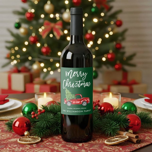Brush Script Christmas Vintage Truck Green Wine Label (Customize to change your personalized text size or text style.)