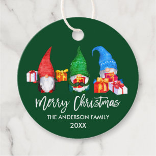 Brush Script Christmas Watercolor Gnomes Green Favour Tags