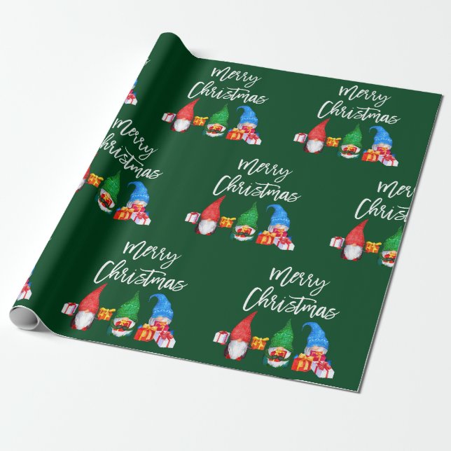 Brush Script Christmas Watercolor Gnomes Green Wrapping Paper (Unrolled)