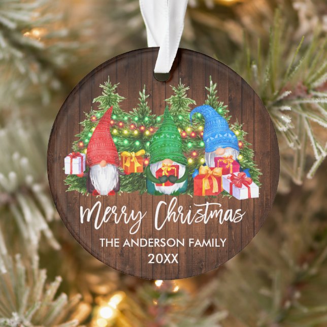 Brush Script Christmas Wood Lights Gnomes Ornament (Tree)