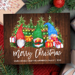 Brush Script Christmas Wood Lights Gnomes Postcard<br><div class="desc">Modern Brush Script Merry Christmas Colourful Fun Watercolor Gnomes Postcard with Pine Trees. Family Name and Year - Rustic Country Wood and String Lights</div>