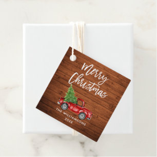 Brush Script Christmas Wood Vintage Red Truck Favour Tags