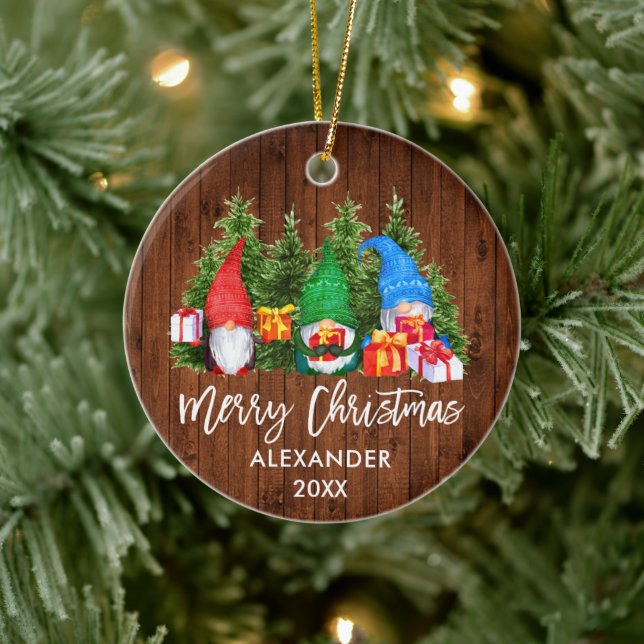 Brush Script Christmas Wood Watercolor Gnomes Ceramic Ornament (Tree)