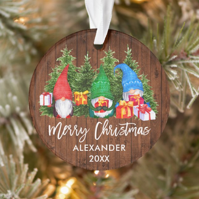 Brush Script Christmas Wood Watercolor Gnomes Ornament (Tree)