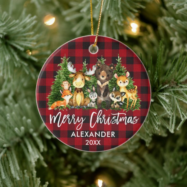 Brush Script Christmas Woodland Animals Plaid Ceramic Ornament (Tree)