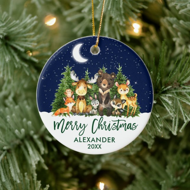 Brush Script Christmas Woodland Forest Animals Ceramic Ornament (Tree)