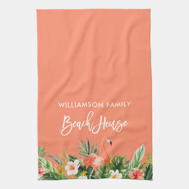 Brush Script Coral Tropical Floral Beach House Kitchen Towel (Vertical)