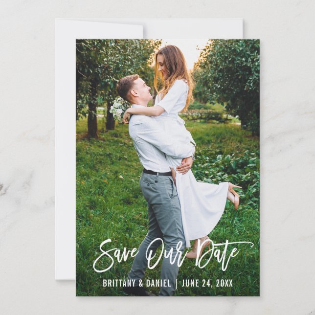 Brush Script Couple Photo Save Our Date Card (Front)