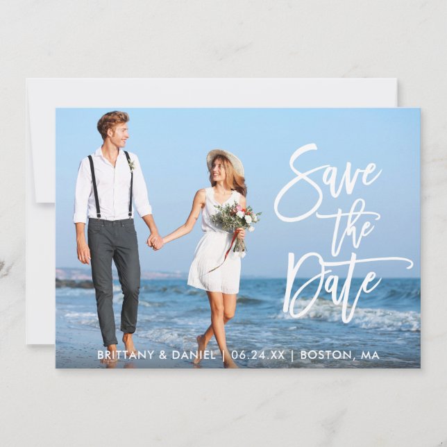 Brush Script Couple Photo Save The Date WS Card (Front)
