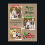 Brush Script Craft Tape Red Truck Kraft Holiday Postcard<br><div class="desc">Modern Brush Script Happy Holidays 3 Photo Collage Holiday Postcard includes Craft Tape and Watercolor Vintage Red Truck with Christmas Tree. Rustic Kraft Paper.</div>