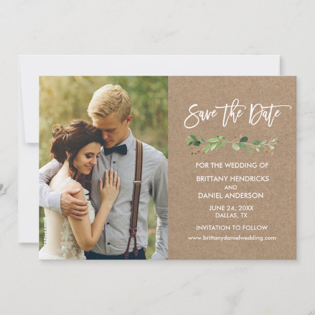 Brush Script Eucalyptus Kraft Photo Save The Date (Front)
