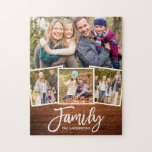 Brush Script Family 4 Photo Rustic Wood Print Jigsaw Puzzle<br><div class="desc">Modern Brush Script Family 4 Photo jigsaw puzzle with Rustic Wood Print</div>