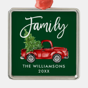 Brush Script Family Vintage Red Truck Green Metal Ornament
