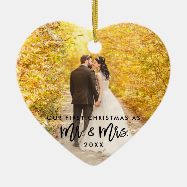 Brush Script First Christmas Mr. & Mrs. Photo Ceramic Ornament (Front)